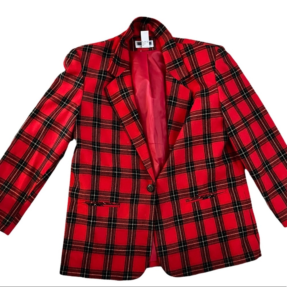 Vintage Preppy Red Tartan Plaid a wool Blazer, womens 16